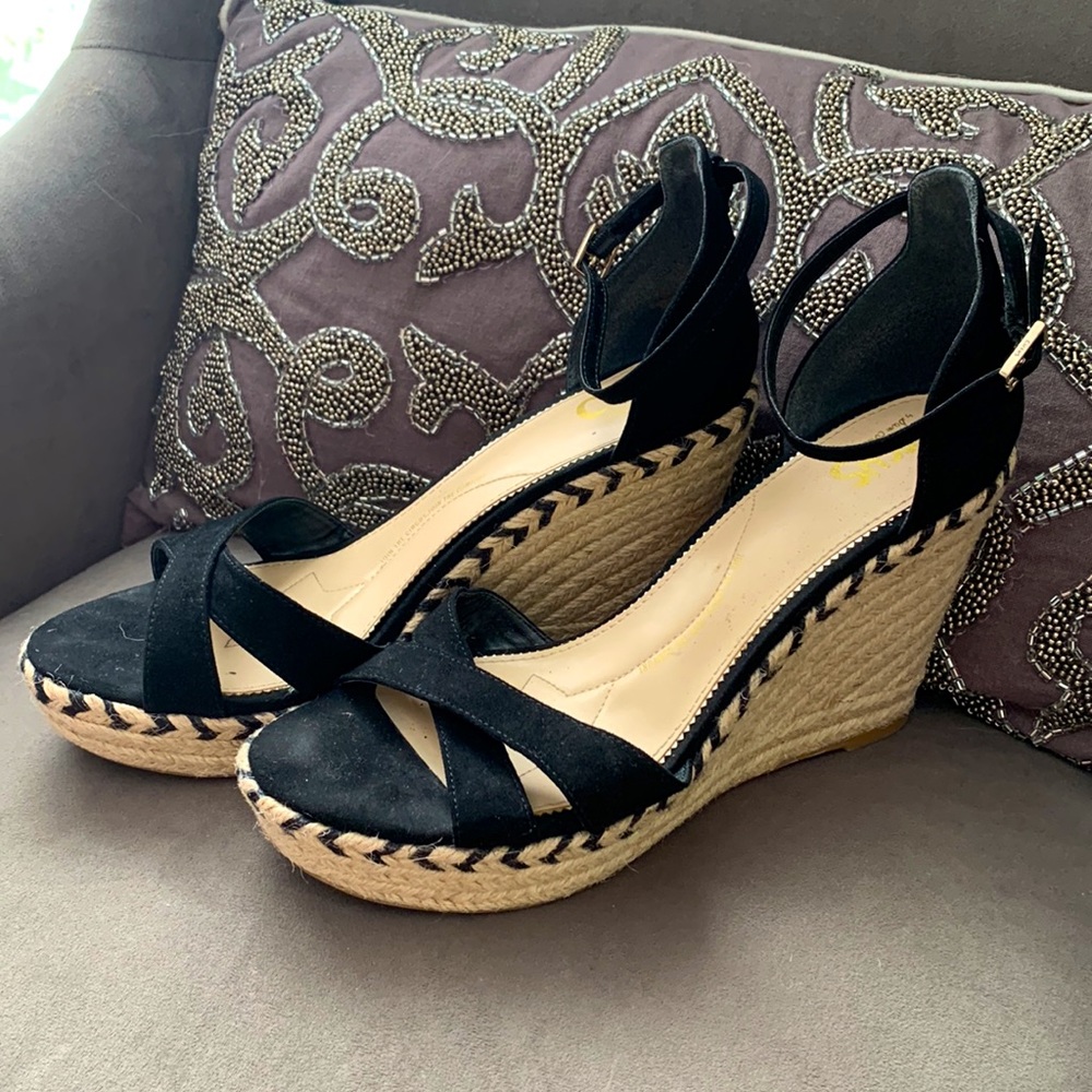 SAM EDELMAN Circus Designer Espadrilles heels sandals black tan 10 contemporary